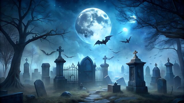 Photo of spooky graveyard at night under a full moon with bats flying creating a classic eerie halloween atmosphere with tombstones and crosses