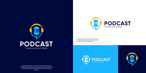 A circular logo featuring a microphone and headphones, symbols of conversation and entertainment, vector design inspiration.