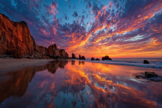 Let the colors of sunset paint the sky and reflect on the beach in Portugal; dramatic cliffs are visible