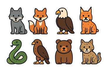 Forest Animal Icons. Flat vector mini-illustrations forest predators in colors children's illustrations: wolf,