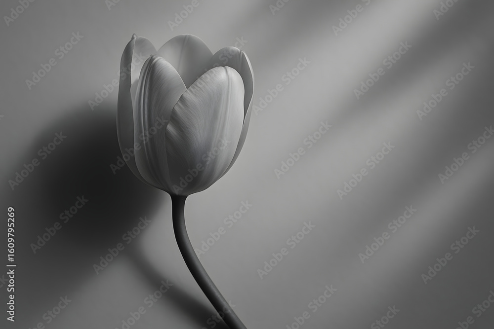 Poster a single tulip flower in elegant black and white tones, highlighted with soft shadows, evoking calm 