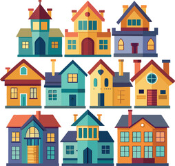 Fototapeta premium Nine colorful cartoon houses arranged in three rows on a white background home building