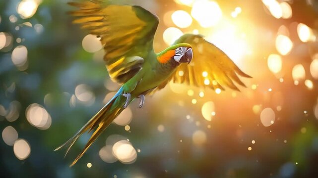 Colorful parrot in flight against sunlight