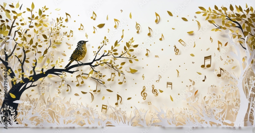 Poster golden tree branches surround bird. musical notes float, creating serene atmosphere. soft lighting e