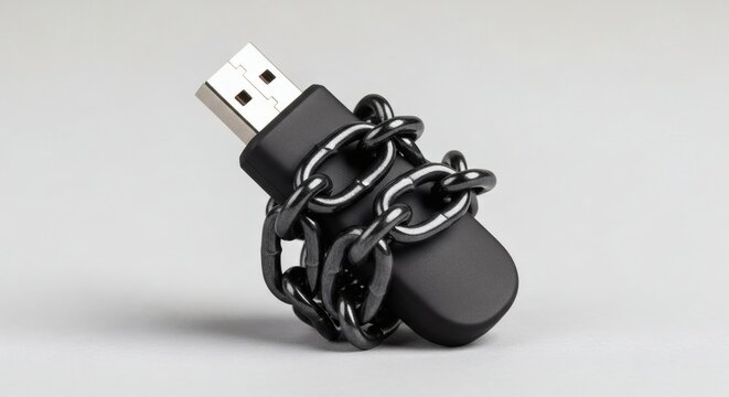 Black usb drive wrapped in chains. Concept of data protection, digital security, and information restriction.