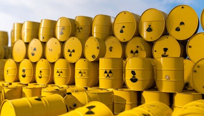 Stacked yellow barrels with radioactive symbols