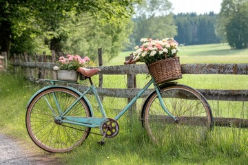 Fototapeta premium Bicycle with floral basket in scenic field