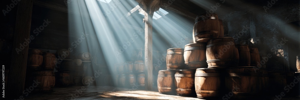 Poster barrels arranged neatly in a dim cellar with rays of light illuminating the space during the late af