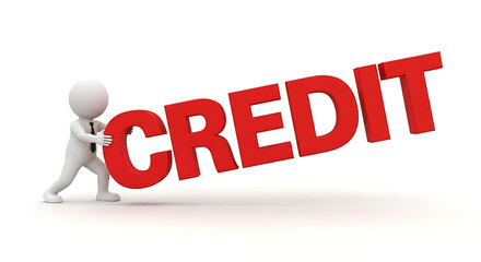 A 3d businessman is pushing the red word credit, isolated on white background