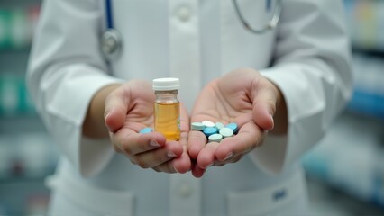 Pharmacist counting tablets into bottle