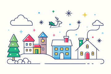 Colorful line art vector of Santa and reindeer flying over a village