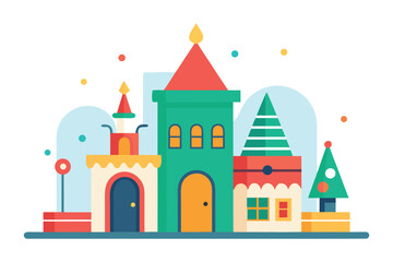Whimsical flat illustration of a colorful village scene