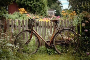 Twin bicycle parked beside rural fence