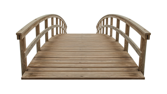 Elegant wooden arched bridge inviting passage over serene waters, perfect for tranquil garden designs or symbolizing connection and journey