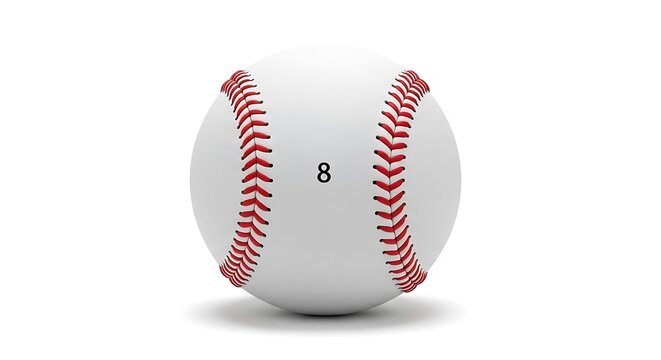 A baseball with red stitches and the number eight isolated on white background, ready for a game