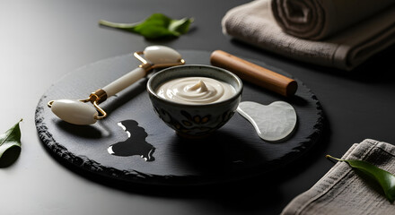 Elegant spa still life with facial massage tools, a whipped beauty mask in a ceramic bowl, and towels for a wellness and self-care routine