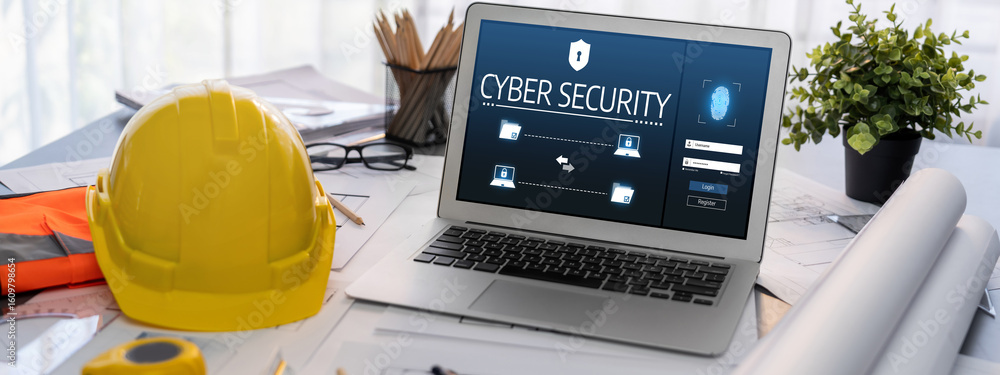 Poster cyber security system on computer screen protect private information brisk from hacker and cyber att