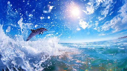 Obraz premium A dolphin leaping out of crystal-clear ocean waves