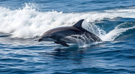 Fototapeta premium A dolphin swimming in the ocean with a wave crashing behind it on a sunny day near the surface water