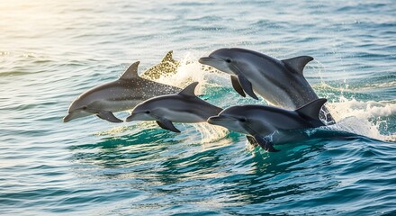Fototapeta premium A pod of dolphins leaping out of the water with sunlight reflecting on the ocean surface in the background