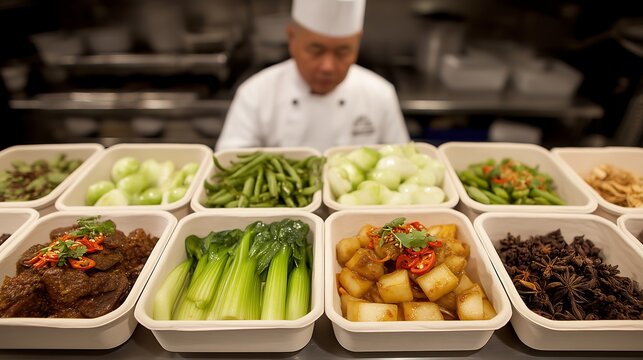 Chef meticulously plates a gourmet dinner with fresh vegetables and succulent fish, a healthy and delicious restaurant meal packed into containers