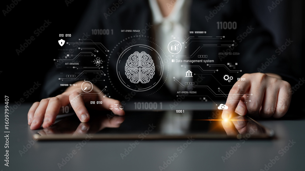 Poster ai data management system for digital analysis, with ai, data, and system repeating for better seo t