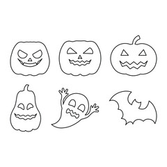 Halloween spooky outline icons with pumpkin ghost bat scary face collection in black stroke style vector illustration for horror theme.
