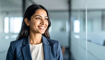Smiling businesswoman looking ahead in office