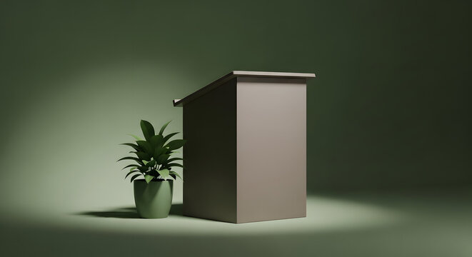 Empty speaker's lectern and a green plant on a stage under a spotlight, representing a platform for ideas, business presentations, or educational lectures.