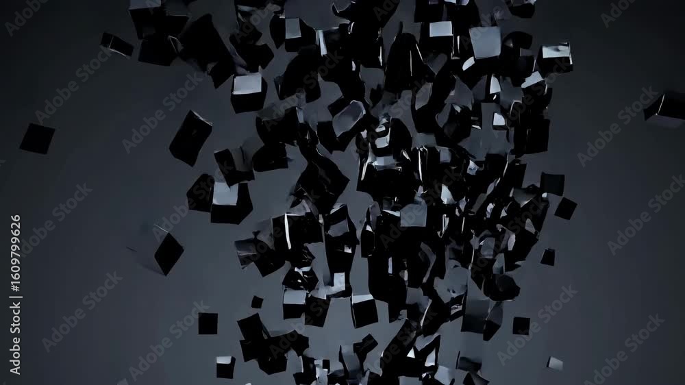 Poster abstract video of black cubes scattered in mid-air, captured from a high-angle view, creating a dyna