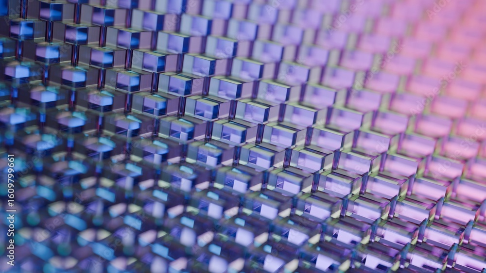 Poster abstract background featuring an intricate pattern of translucent glass cubes reflecting and refract