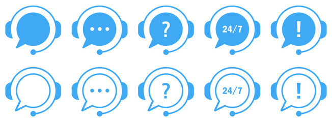 Vector icon set showing customer service headsets with chat bubbles, question marks, 24 7 support, and alert symbols. Suitable for support, hotline, or technical service illustrations.
