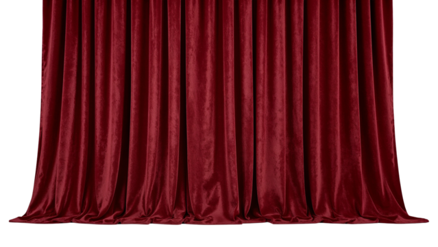 Luxurious deep red velvet curtains cascade elegantly creating a rich theatrical ambiance perfect for dramatic reveals or sophisticated event backdrops.