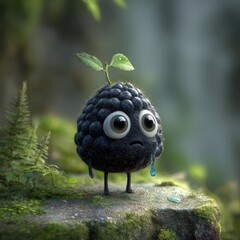 Fototapeta premium Unique creature resembles a blackberry with big eyes and a leaf on top in a lush forest