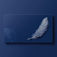 Elegant white feather on a deep blue background with a globe outline
