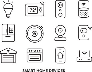 Smart Home Line Icons – Thermostat, Light Bulb, Voice Assistant, Camera, Fridge, Plug, Robot Vacuum – IoT Vector Set