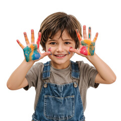 Joyful child proudly displays colorful painted hands, beaming with creative accomplishment and playful innocence in this vibrant moment.