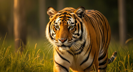 Fototapeta premium Majestic bengal animal wildlife portrait in natural habitat jungle background
