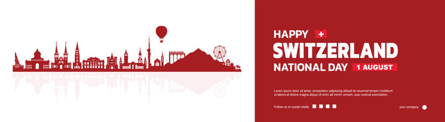 Elegant switzerland national day design with swiss buildings, August 1st design with minimalist concept in red