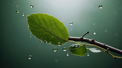 Fresh Green Leaves with Water Droplets During Rainfall