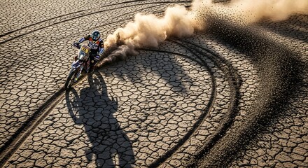 Motorcycle rider creating dust cloud with shadow on cracked earth in golden sunlight conveying speed and action
