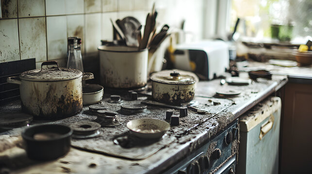 cocina sucia y con mugre o cochambre abandonada y cochina desordenada y con falta de higiene o limpieza falta de responsabilidad en las tareas del hogar 