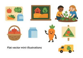 Fototapeta premium Farm-to-School Illustrations. Flat vector mini-illustrations farm-to-school programs in colors children's