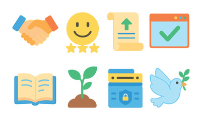 Trust Icons Grid. Flat vector mini-illustrations recovering brand trust in colors children's illustrations: