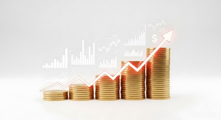Golden coins stacked in upward trend with financial graph overlay