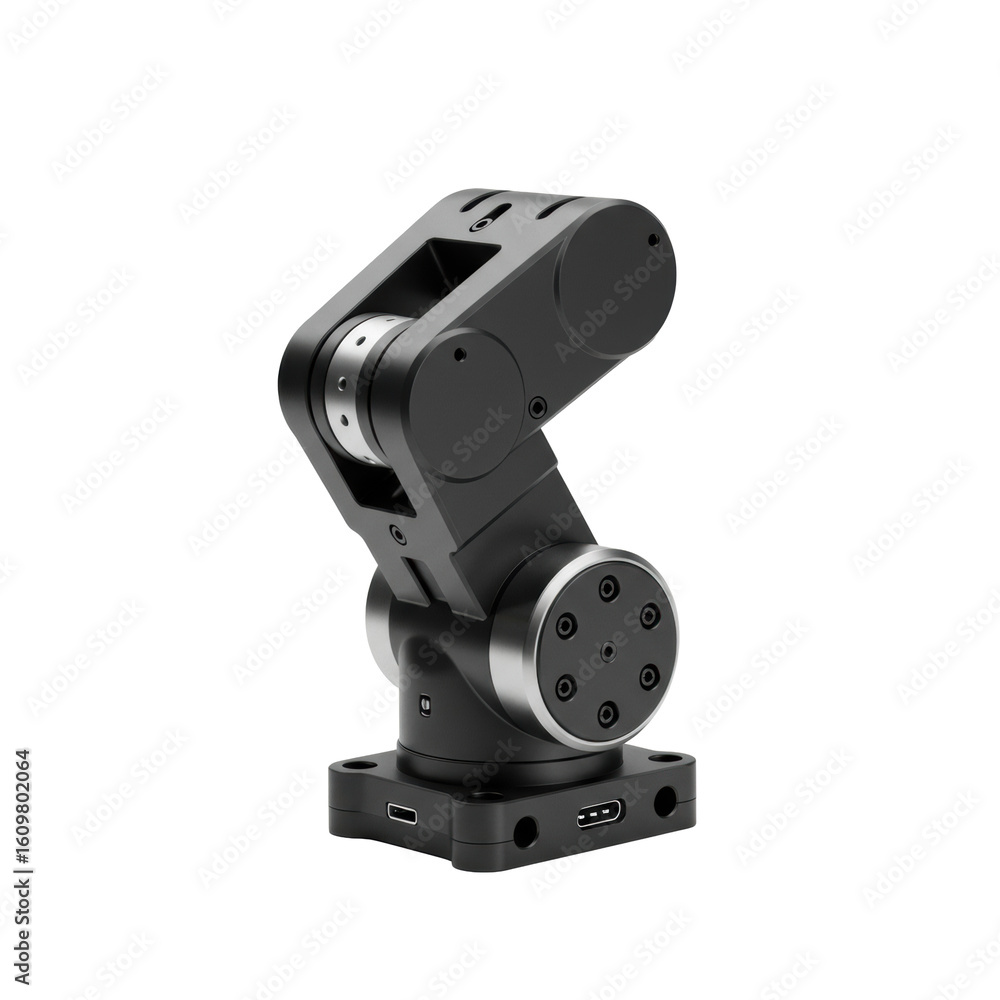 Poster a sleek futuristic matte black robotic joint module with brushed aluminum components, isolated on a 