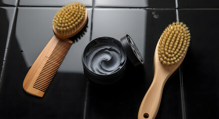 Men's grooming kit with beard balm and wooden brushes on a sleek black tiled background for a modern self-care routine.