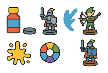 Miniature Painting Icons. Flat vector mini-illustrations miniature figures painting in colors children's