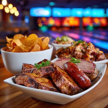 Delicious barbecue spread featuring smoked meats and chips at a lively bowling alley