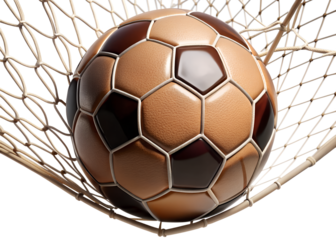 A soccer ball is caught in the net of a goal isolated on transparent background